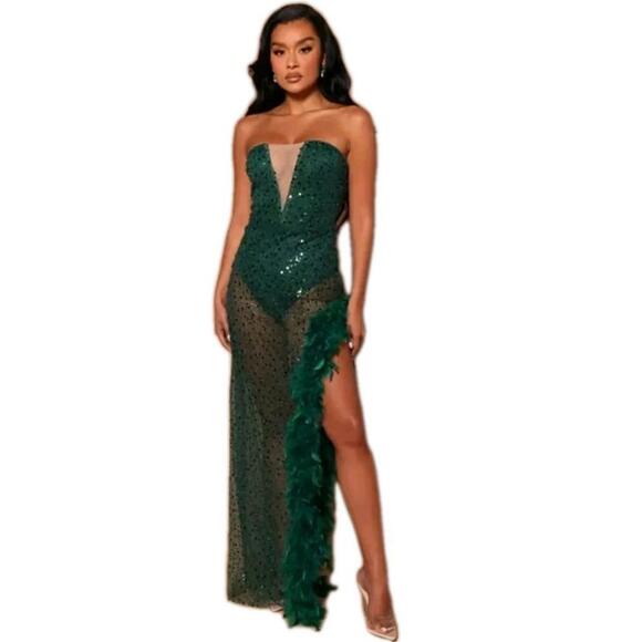 Fashion Nova Luxe Lisa Size L Maxi Green Mesh Dress NWT #CB5